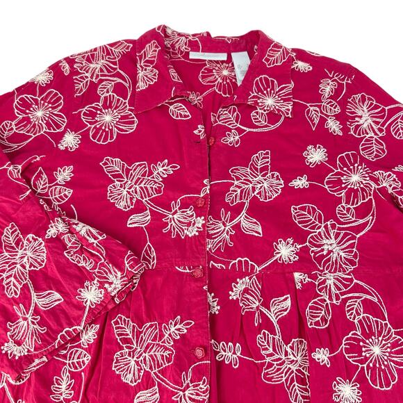 JH Collection XL Pink White Embroidered Floral Button Up Woman's Bell Slv Blouse - Picture 3 of 9